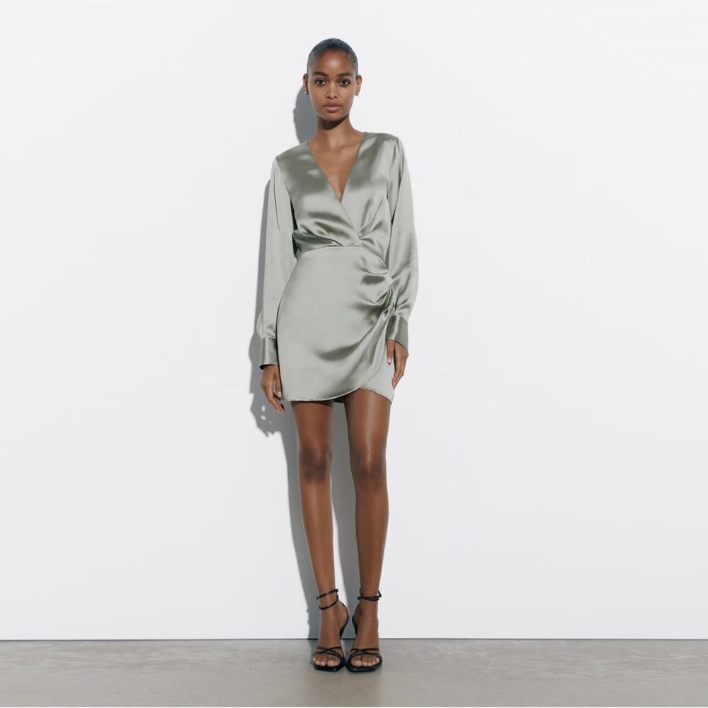 New Zara Wrap Front Satin Long Sleeve Grey Dress Size S - Picture 1 of 12